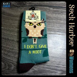 NWT Sock Harbor Women's Novelty Socks I Don't Give a Hoot Owl Green Tan
